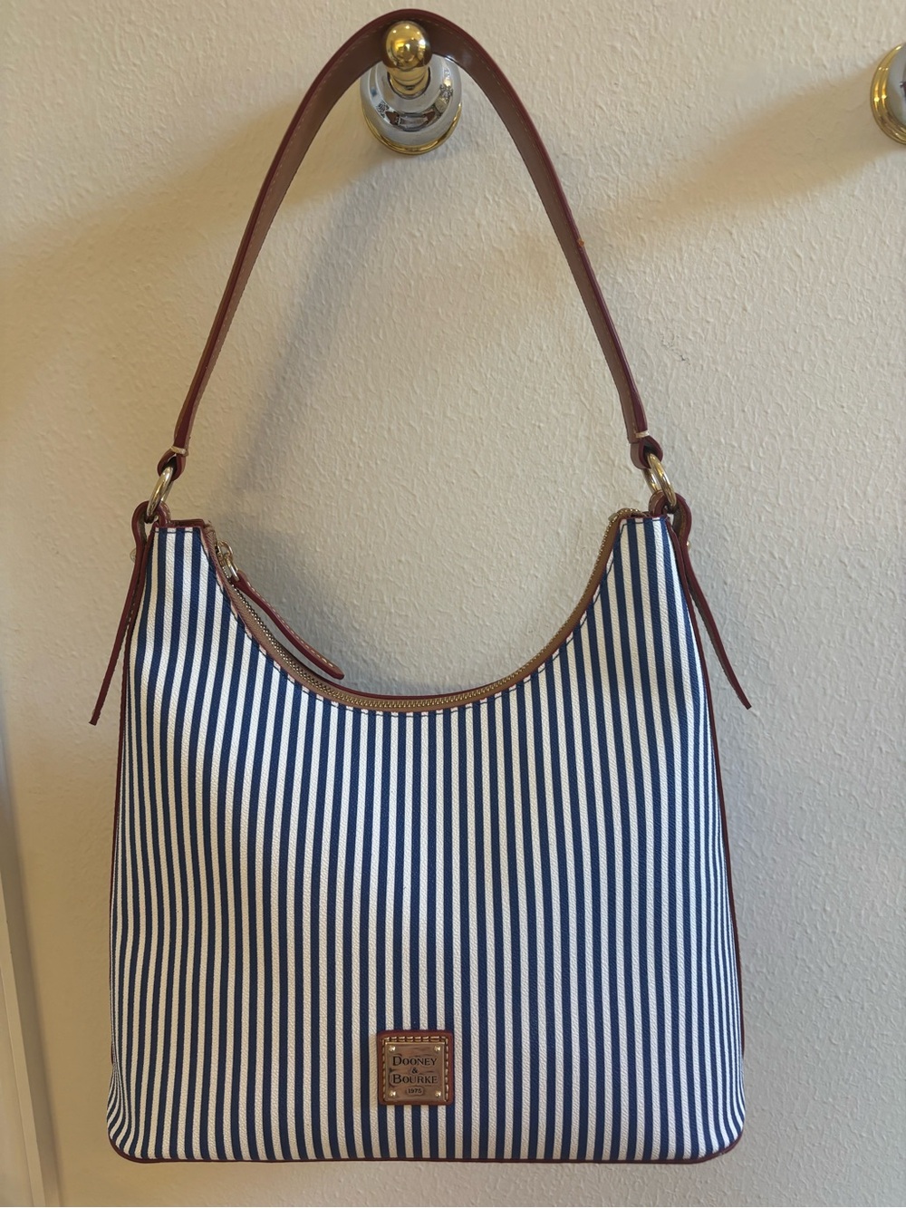 Dooney & Bourke Navy and White Striped Shoulder Bag with Brown Trim